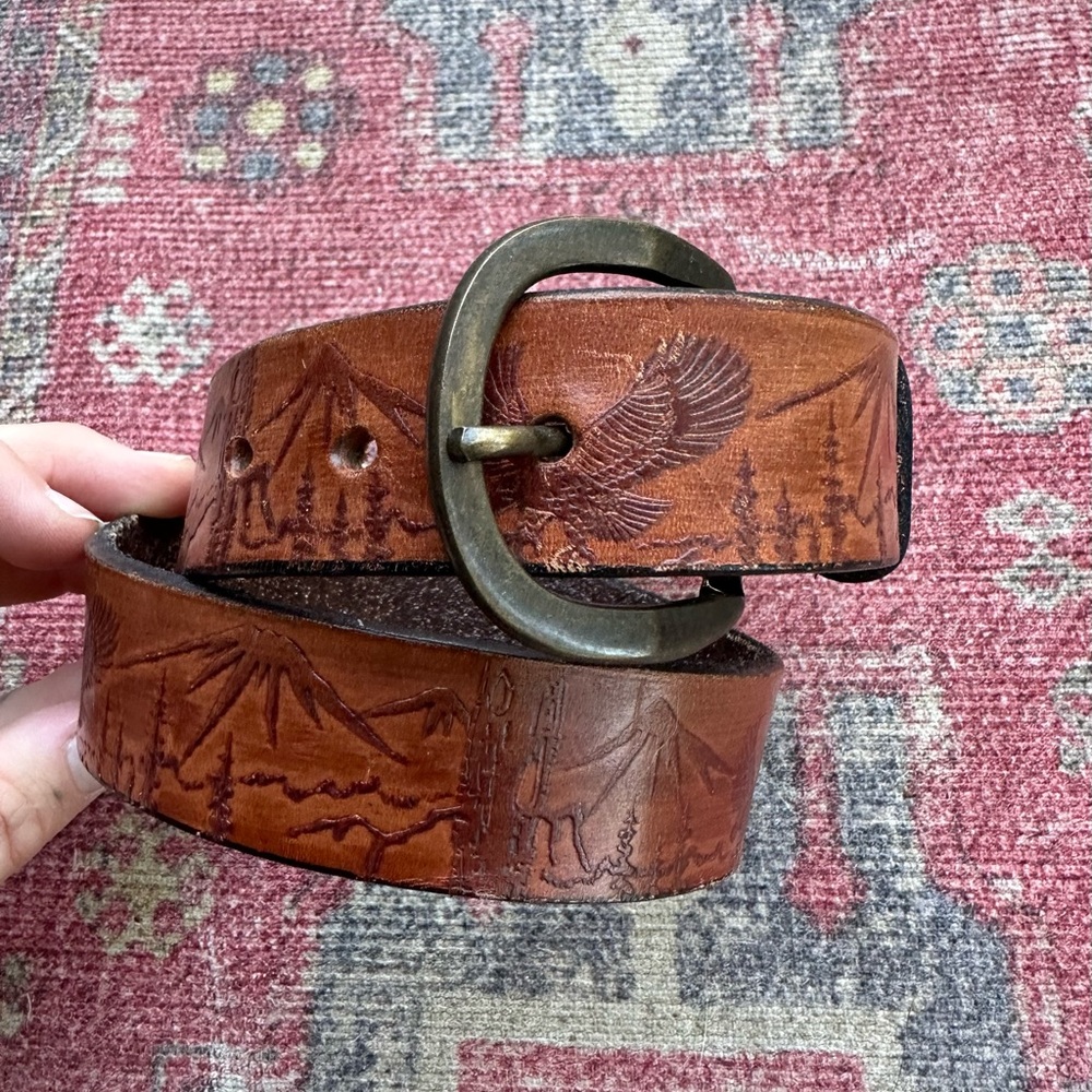 Rustic Brown Leather Belt with Tooling Details - XS